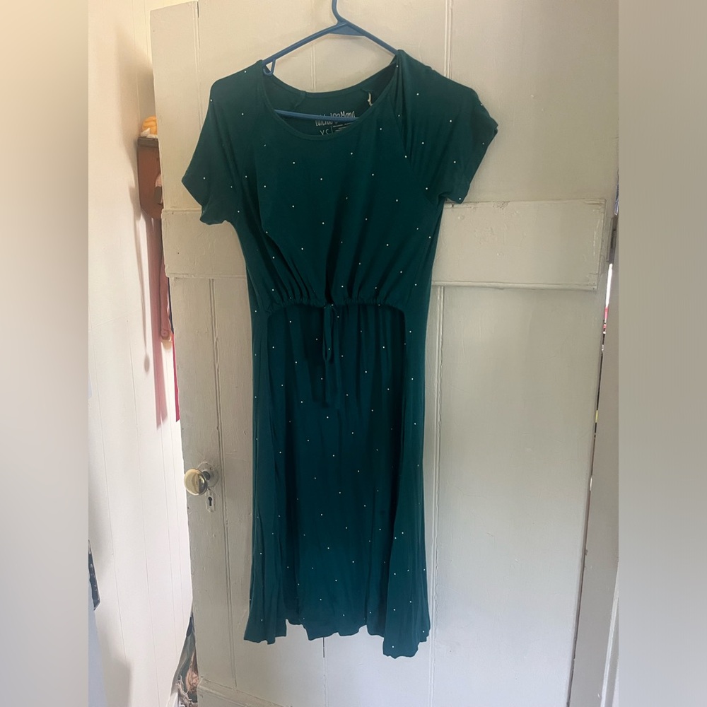 Teal and white polka dot drawstring T shirt nursing dress by latched mama